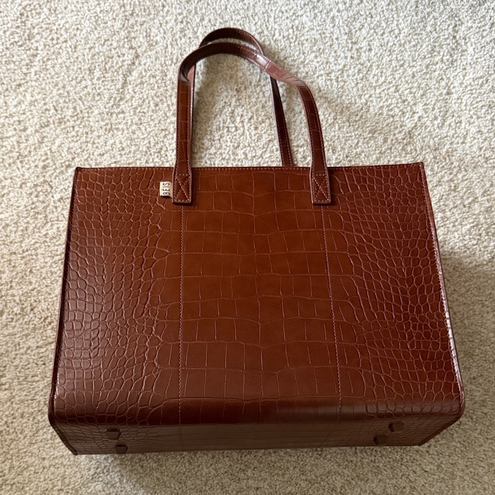 BEIS Brown Croc-Embossed Tote Bag